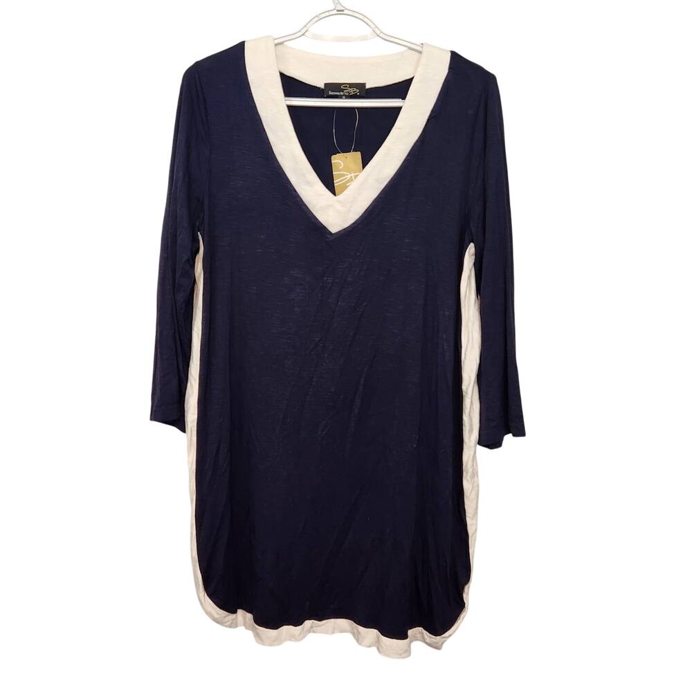 NWT Suzanne Betro Navy & White Long Sleeve V-neck Tunic Dress Women's M